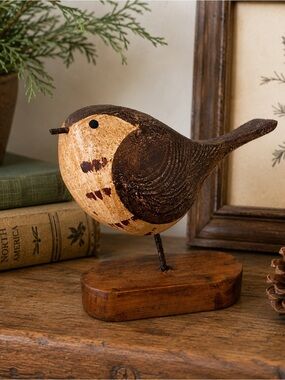 Handcrafted Folk Art Brown & Cream Decorative “Fat Bird” Figurine - Timber Base